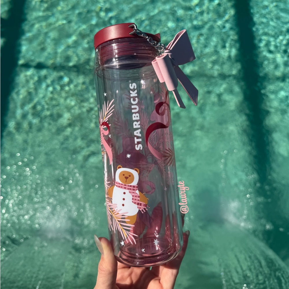 Starbucks Holiday Bearista Bear Pink Water Bottle Bow Charm Acrylic Tumbler